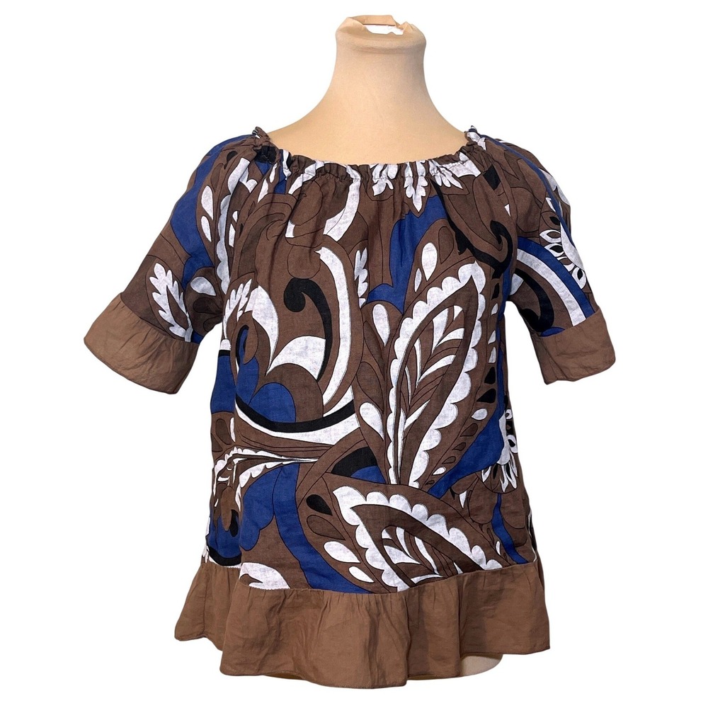 Terzo‎ Millennio Abstract Paisley Ruffle Top Small Brown Blue Casual Boho Italy
